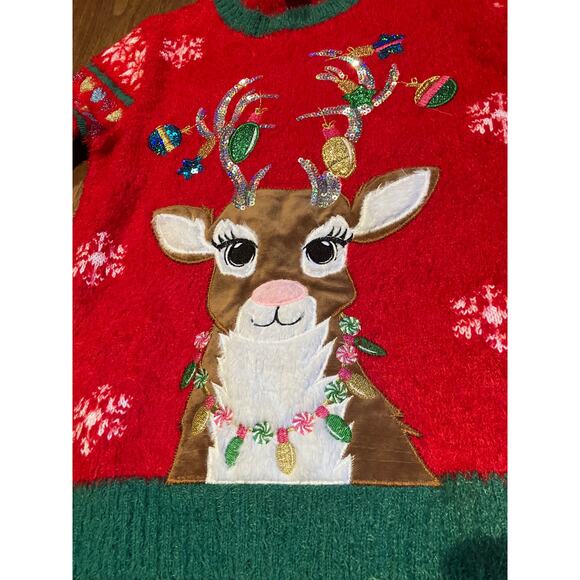 Girls Christmas Sweater L 10-12 Plus Red Reindeer Lights Ugly Xmas Holiday Time - Picture 2 of 7